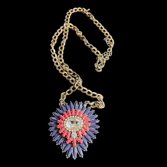 Reversible Statement Necklace Red Blue Orange Crystal Pendant Boho Festival - Picture 10 of 10